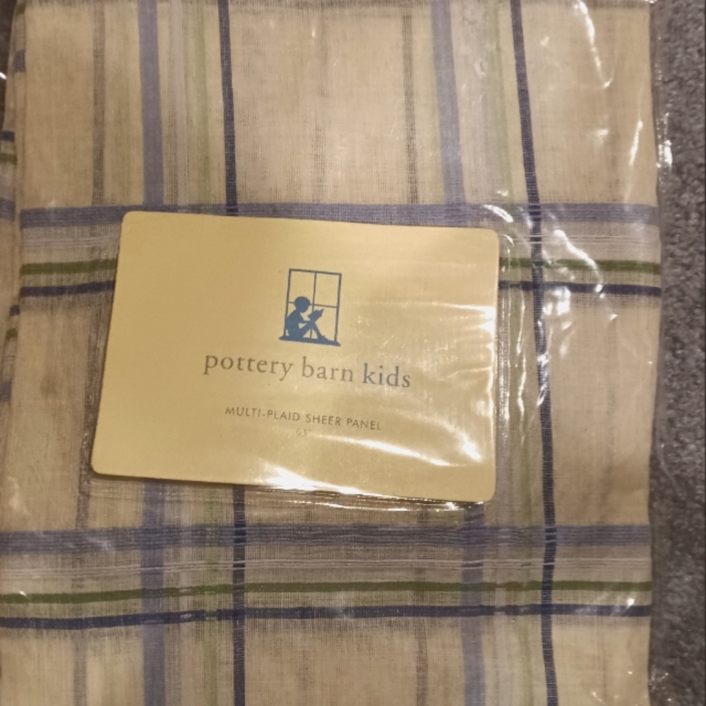 NEW Pottery Barn Kids SINGLE Multi-Plaid Sheer Panel White/Green/Blue 63x44"